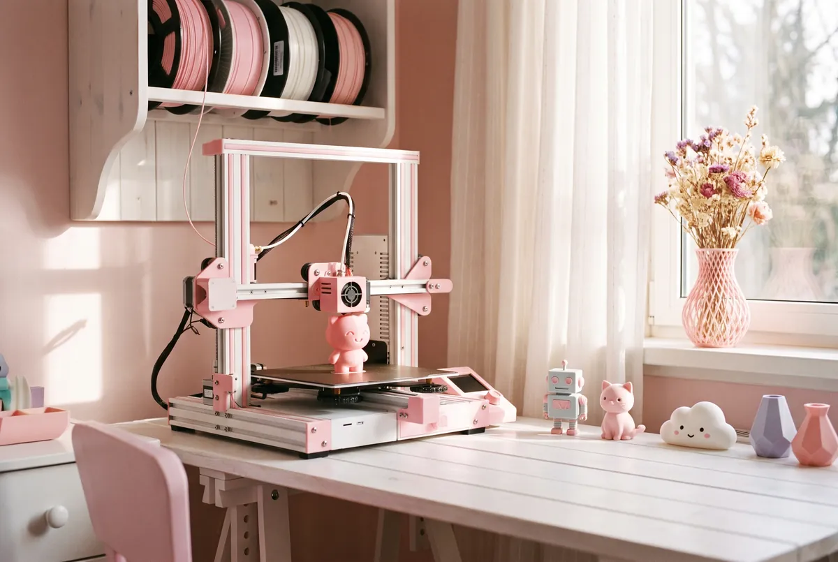 The Printy Days home studio: a 3D printer mid-print surrounded by pastel filament and finished pieces